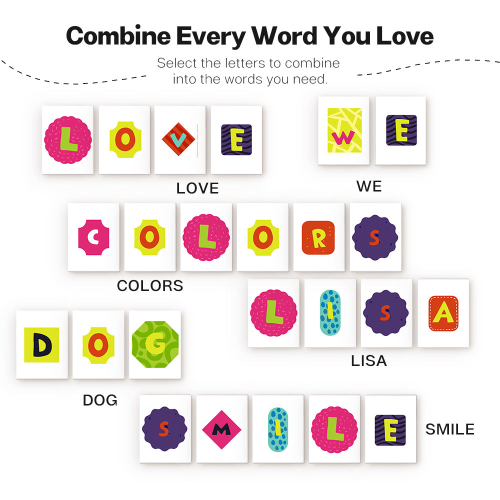 Colorful letter tiles with words like 'LOVE', 'WE', 'COLORS', 'LISA', 'DOG', and 'SMILE' on a white background.