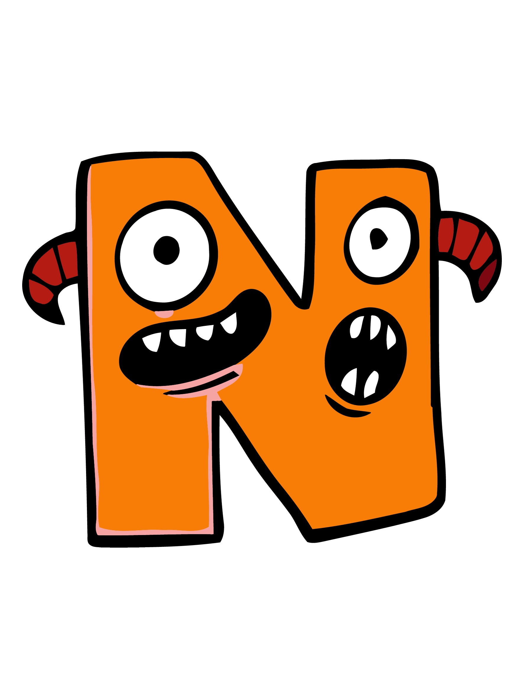 Cartoon letter 'N' with a face on a white background