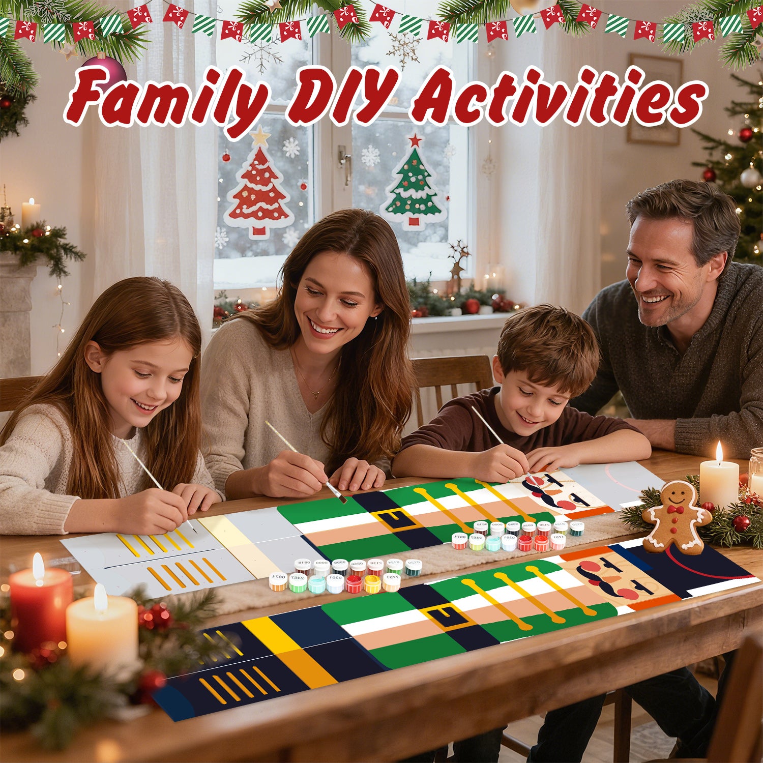 Family engaged in a DIY craft activity with Christmas decorations in the background