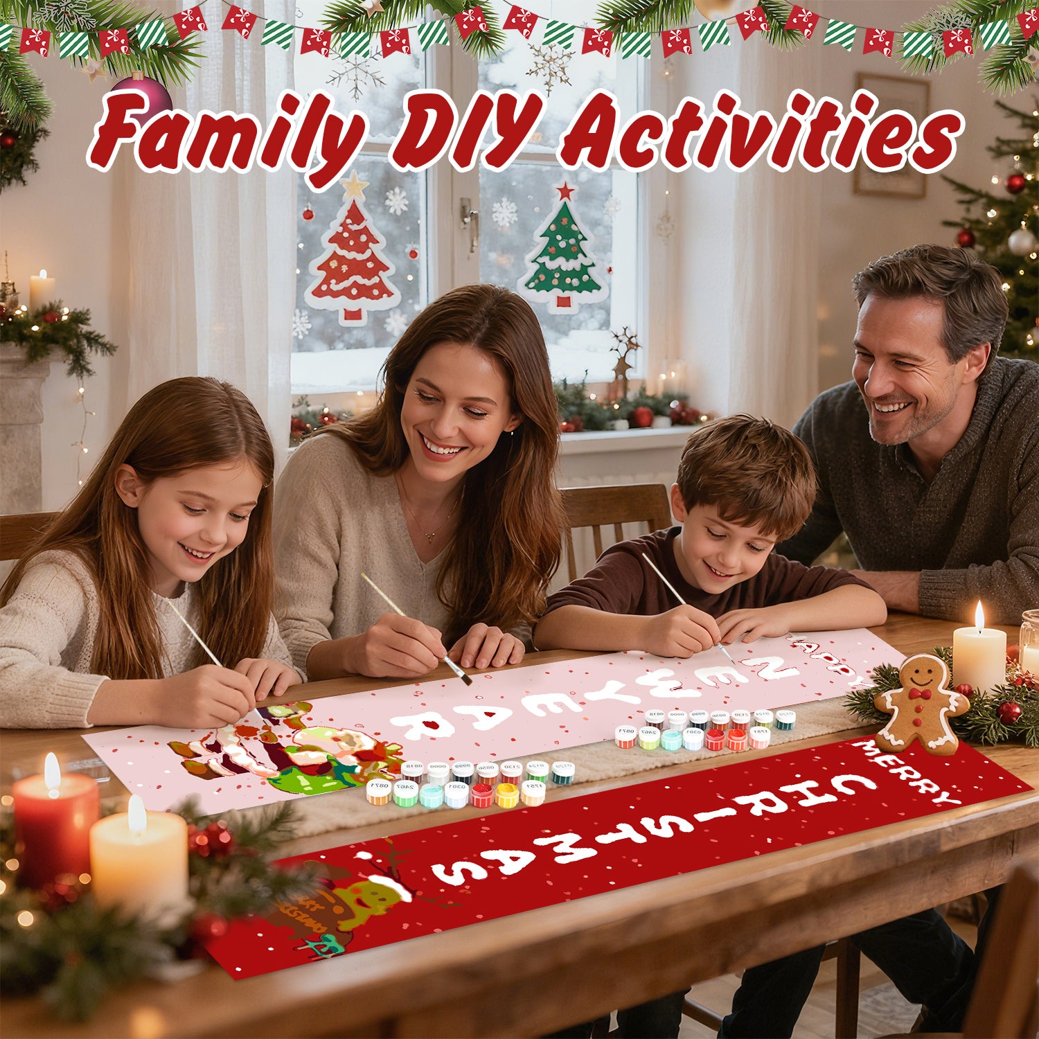 Familie beschäftigt sich mit einer DIY-Aktion an einem Tisch mit Weihnachtsdekorationen.