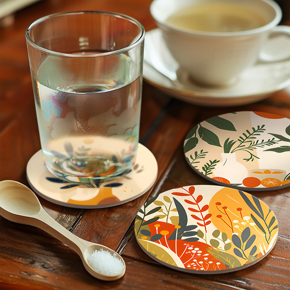 Earthy Elegance Coaster reflecting a fusion of famous art paintings styles including vincent van gogh famous paintings and frida kahlo famous paintings.