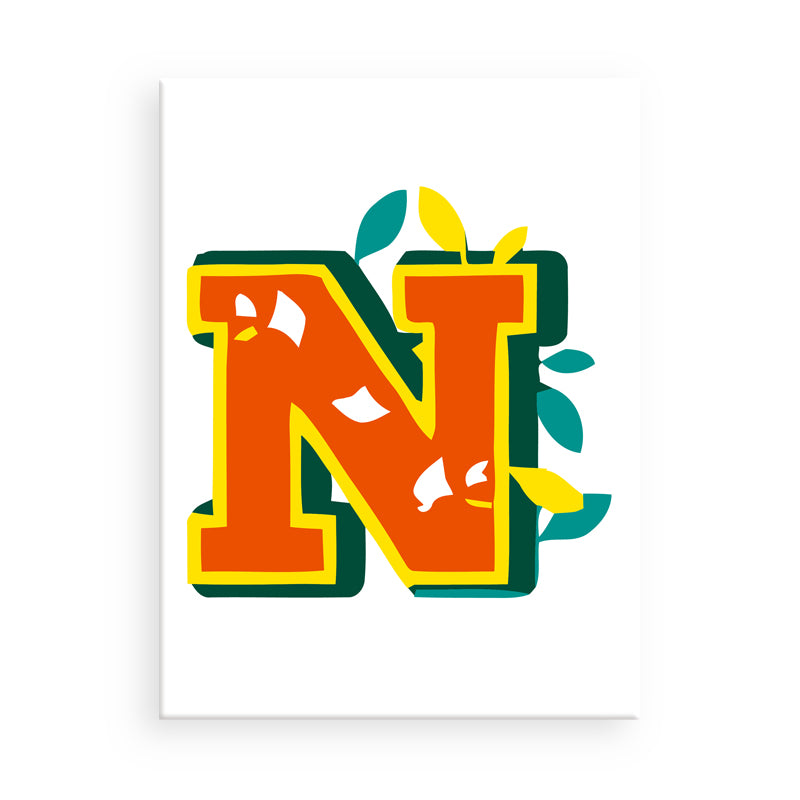 Colorful letter 'N' with leaf designs on a white background