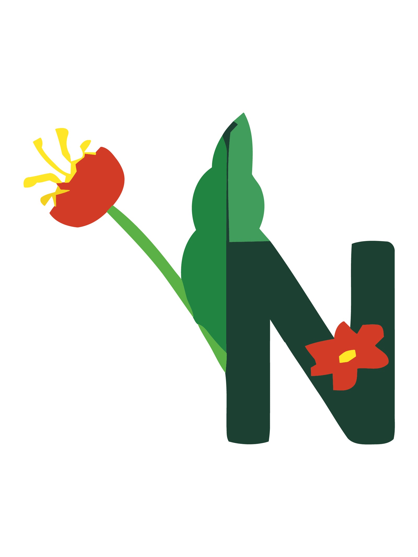 Buchstabe „N“ mit roter Blume und grünen Blättern auf weißem Hintergrund