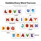 Colorful letter tiles with cartoon characters on a white background, arranged to form words.