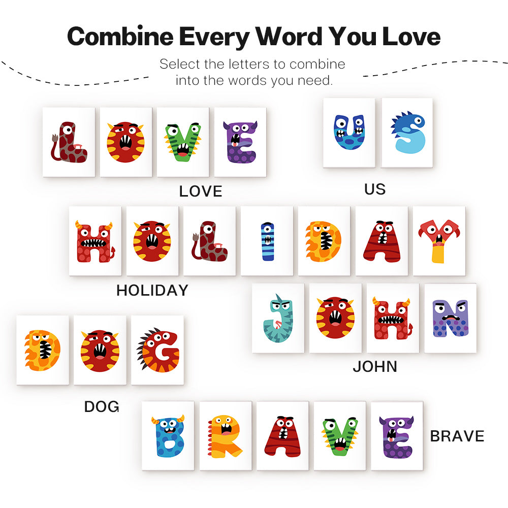 Colorful letter tiles with cartoon characters on a white background, arranged to form words.