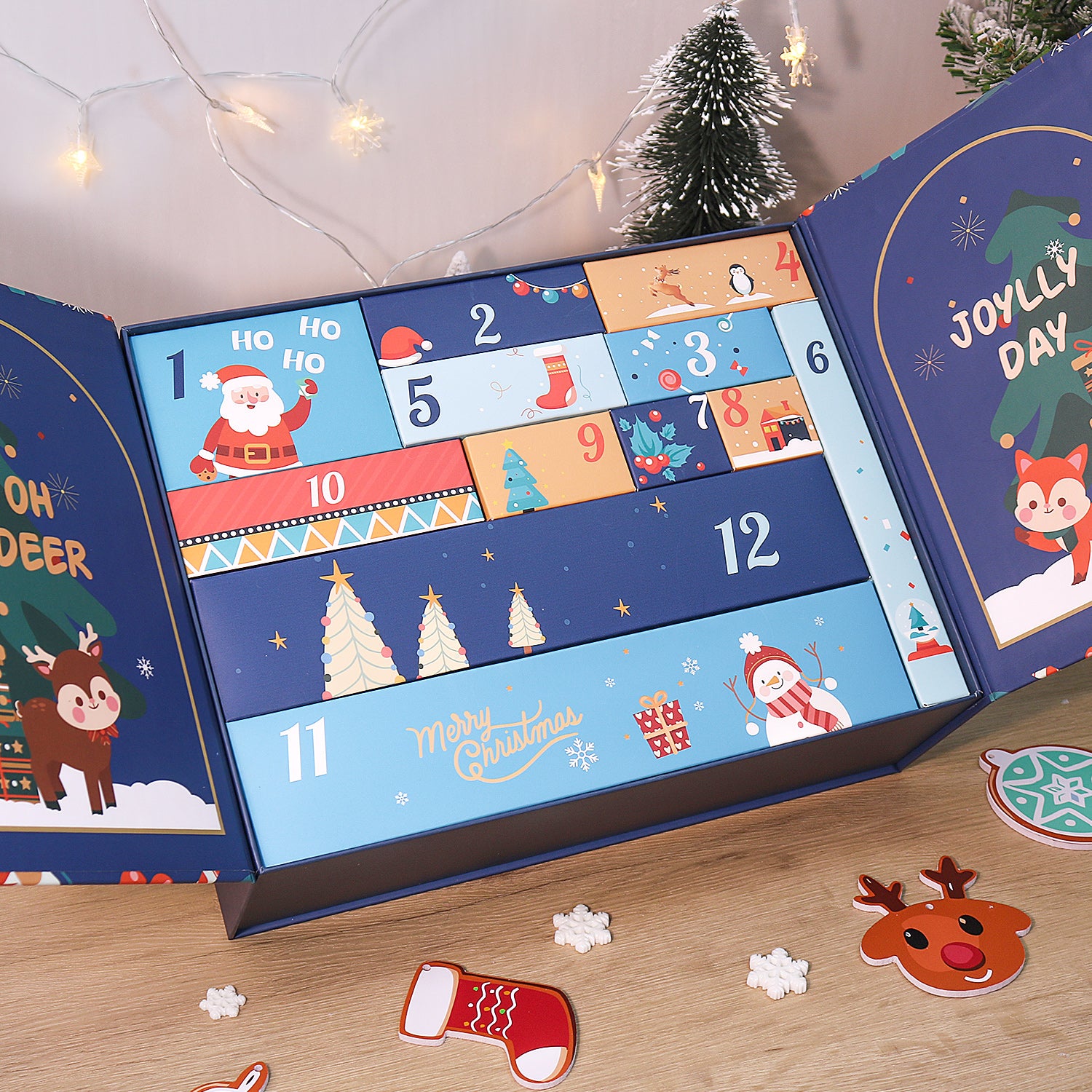 Advent calendar with Christmas-themed design on a wooden surface