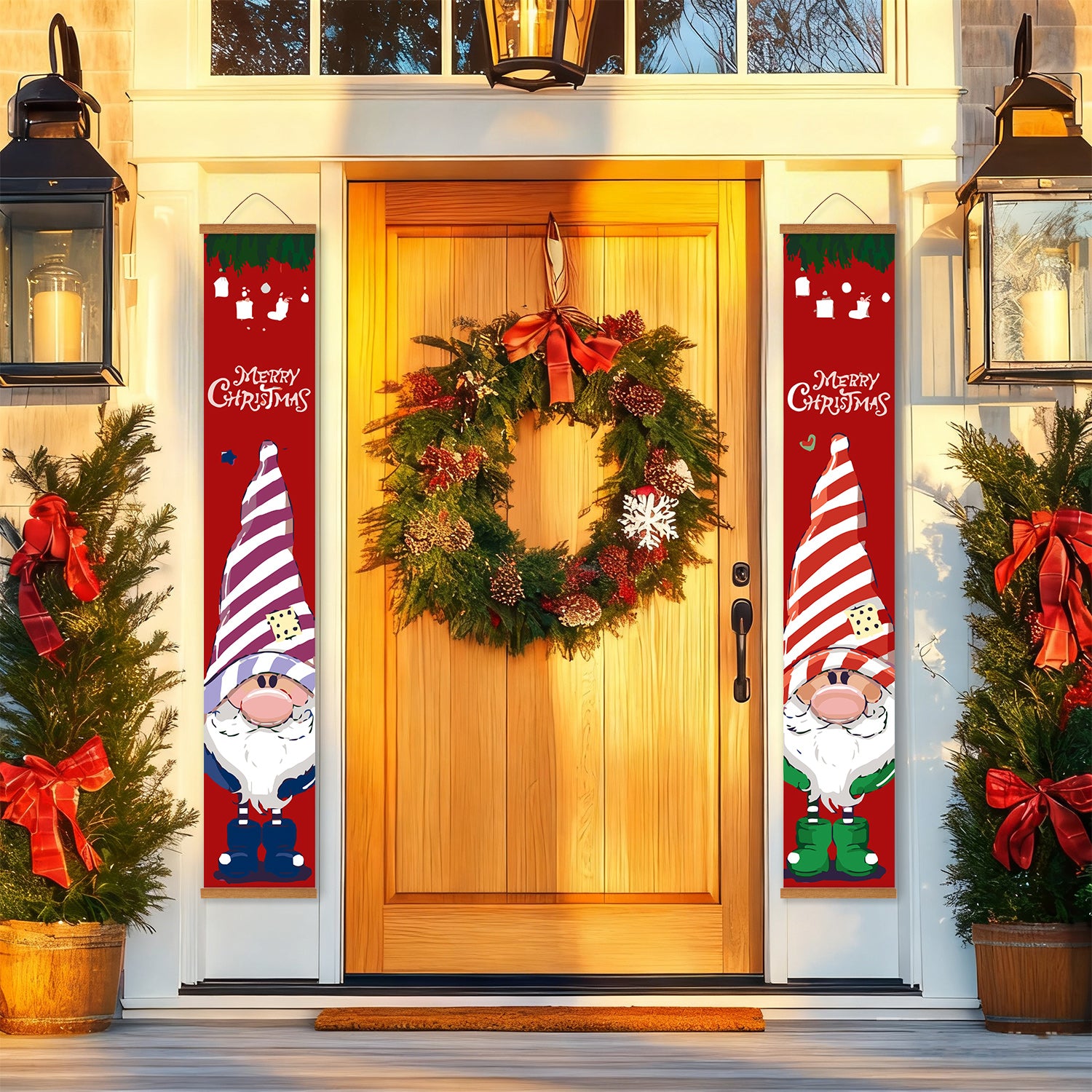Front door decorated with Christmas wreath and festive banners on a house exterior.