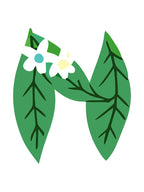 Letter 'M' with green leaves and white flowers on a white background