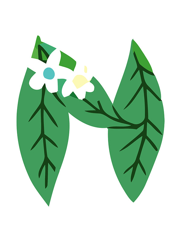 Letter 'M' with green leaves and white flowers on a white background