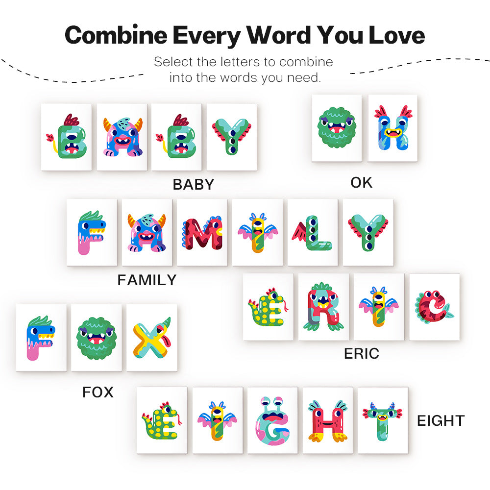 Carreaux de lettres colorés avec des personnages de dessins animés sur fond blanc, disposés pour former des mots.