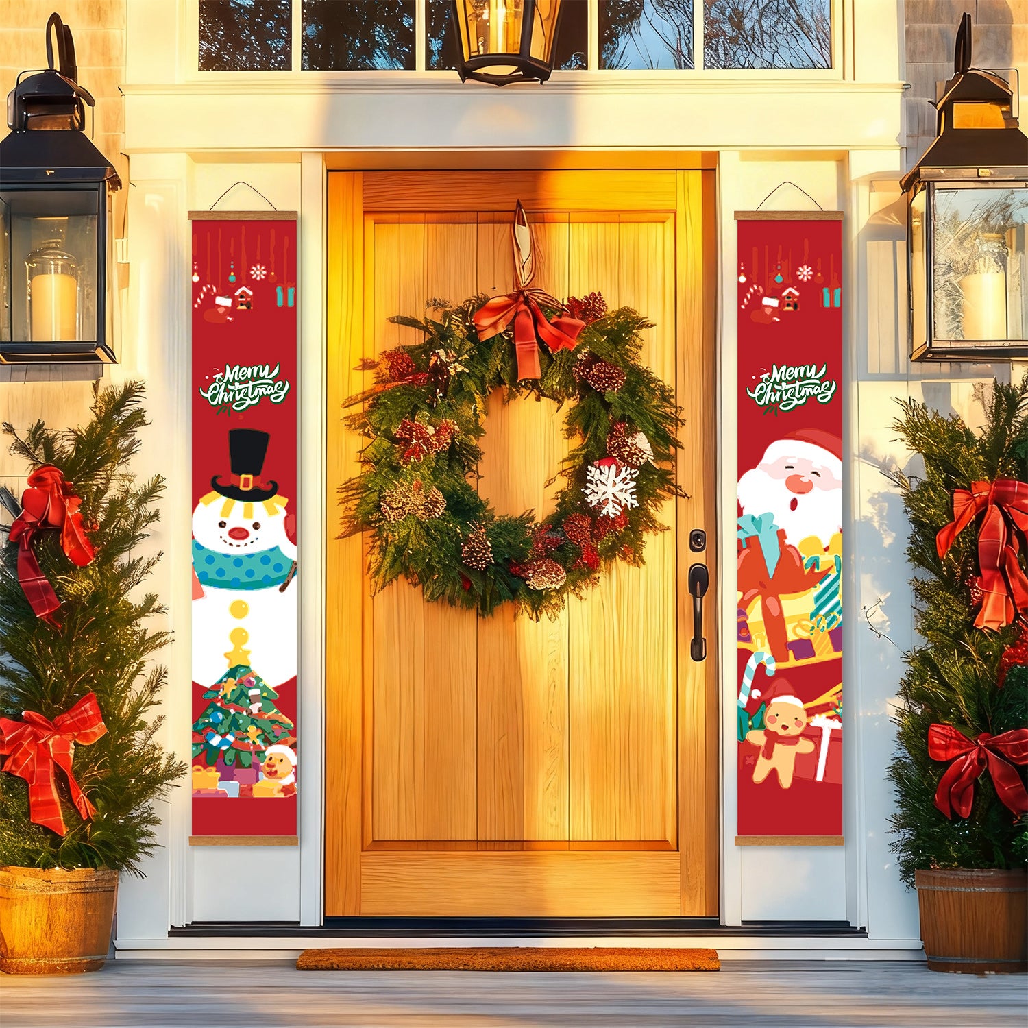 Decorative Christmas wreath on a front door with festive banners and plants.