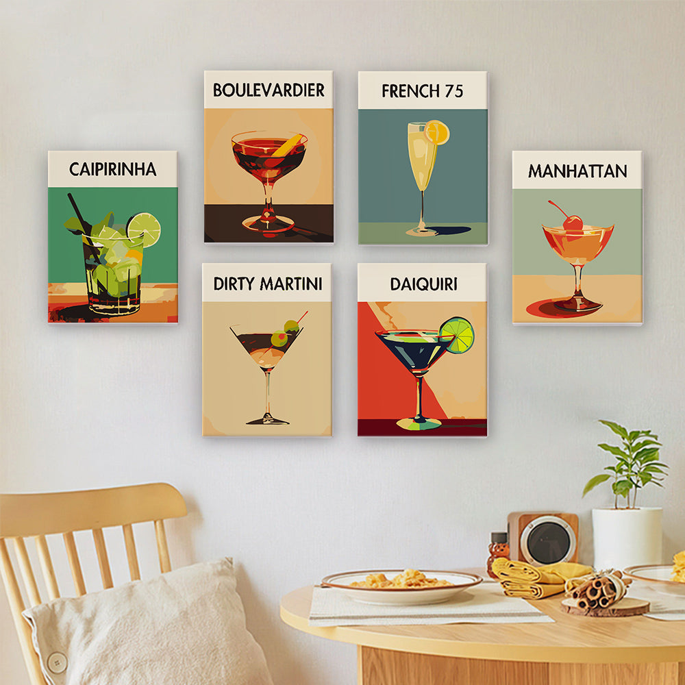 cocktail paint by numbers frames on walls.