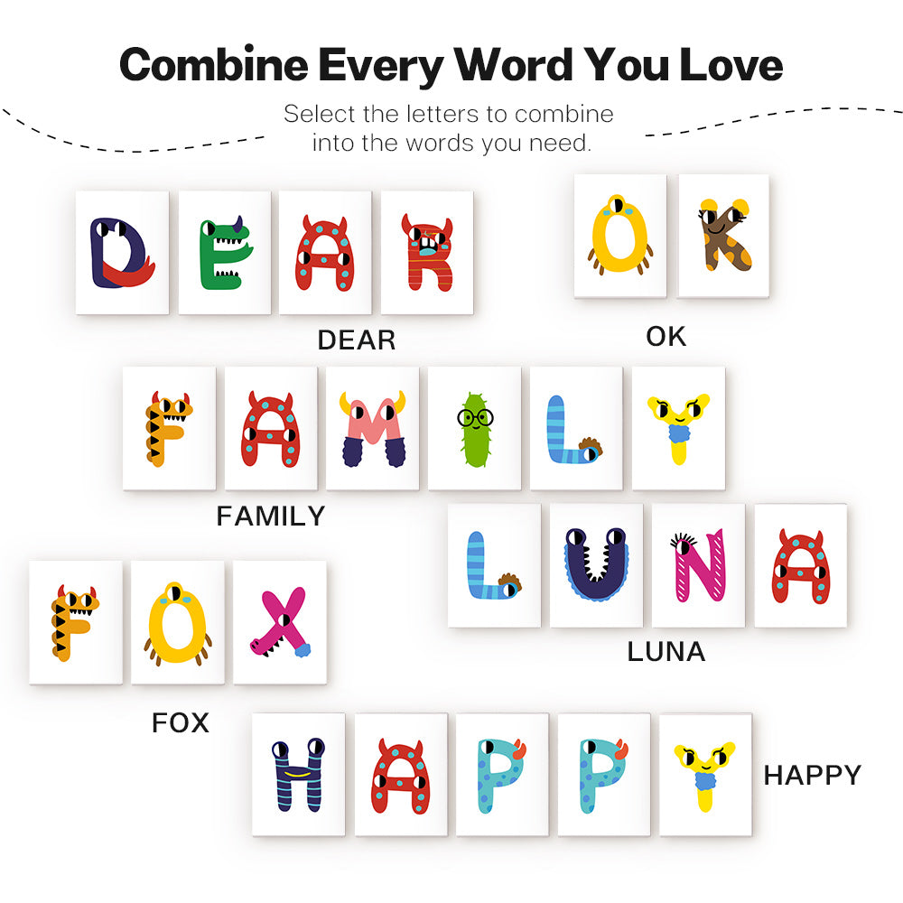 Colorful letter tiles with animal designs on a white background, arranged to form words.