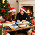Two people wearing Santa hats playing a board game in a festive living room with a Christmas tree and fireplace.