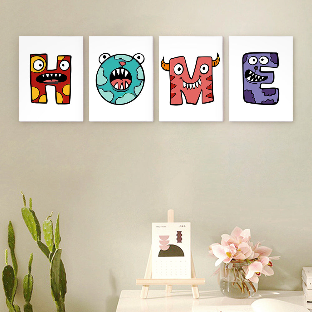 Four colorful monster-themed letters spelling 'HOME' on a wall with decorative items below.
