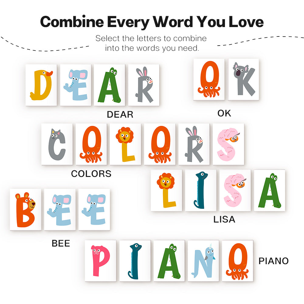 Colorful letter tiles with animal illustrations on a white background