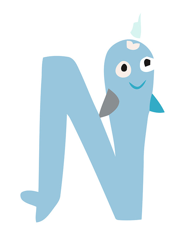 Blue letter 'N' with a cartoon face on a white background