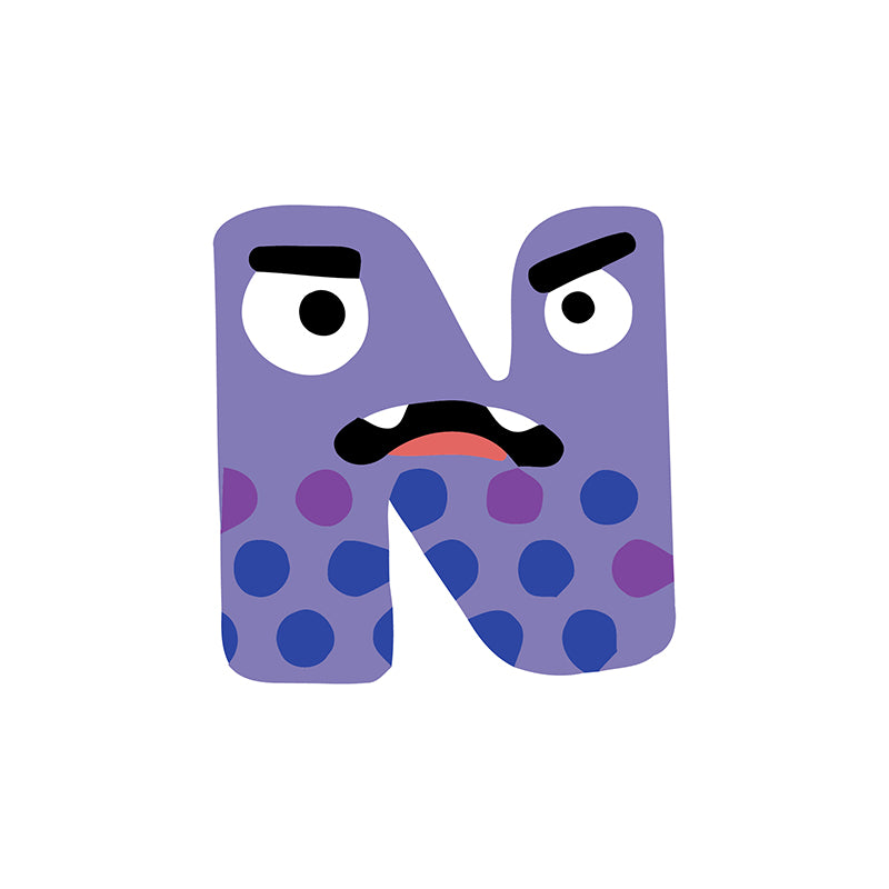 Purple letter 'N' with polka dots and a mustache on a white background