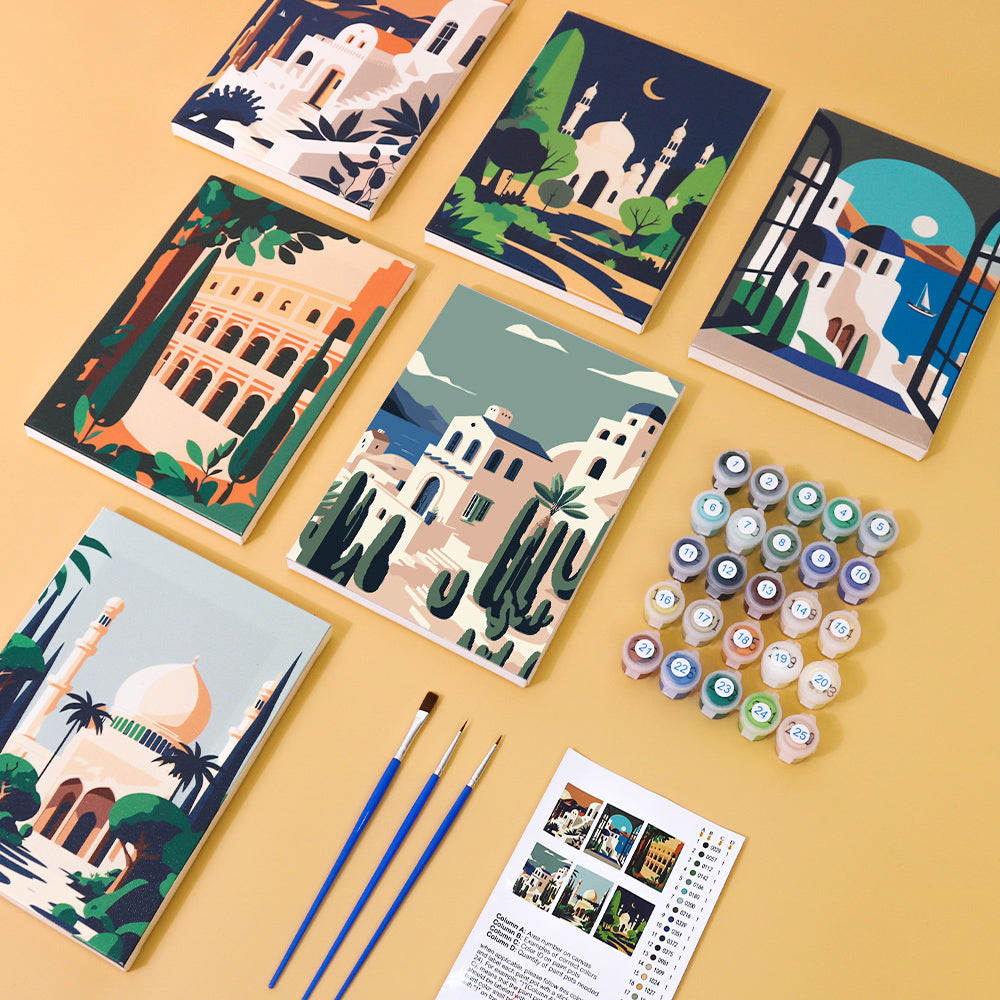 Tropical beach sunset paint by numbers kit with palm trees