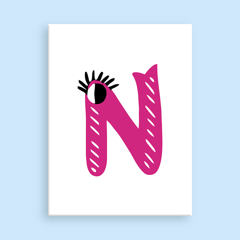 Pink letter 'N' with black eye on a white background