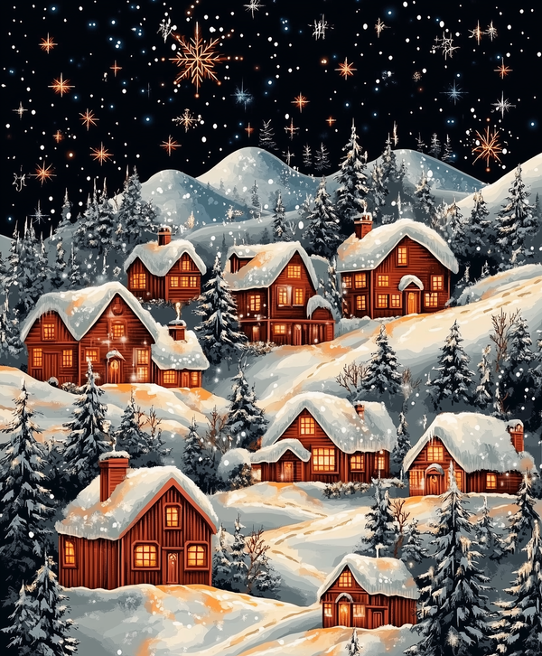 A paint by numbers kit depicting a winter village scene with snow-covered cabins and a night sky with stars.