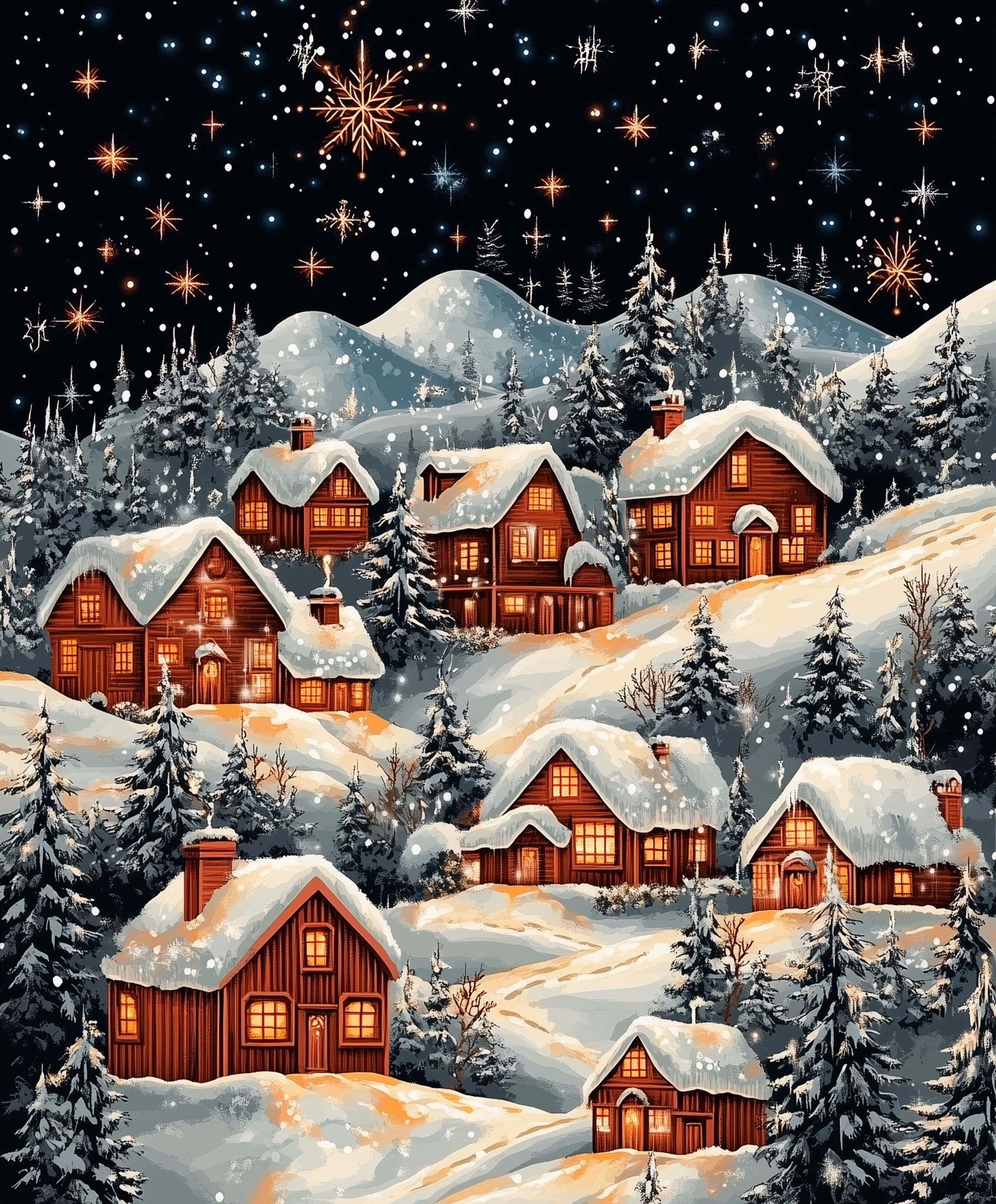 A paint by numbers kit depicting a winter village scene with snow-covered cabins and a night sky with stars.