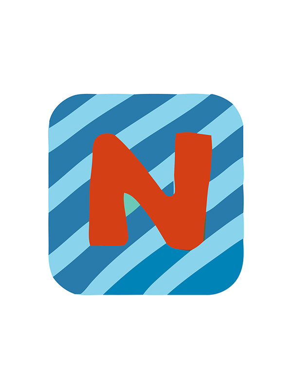 Logo with a red 'N' on a blue and light blue striped background