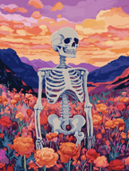 A paint by numbers kit image featuring a skeleton in a field of flowers with a sunset in the background.