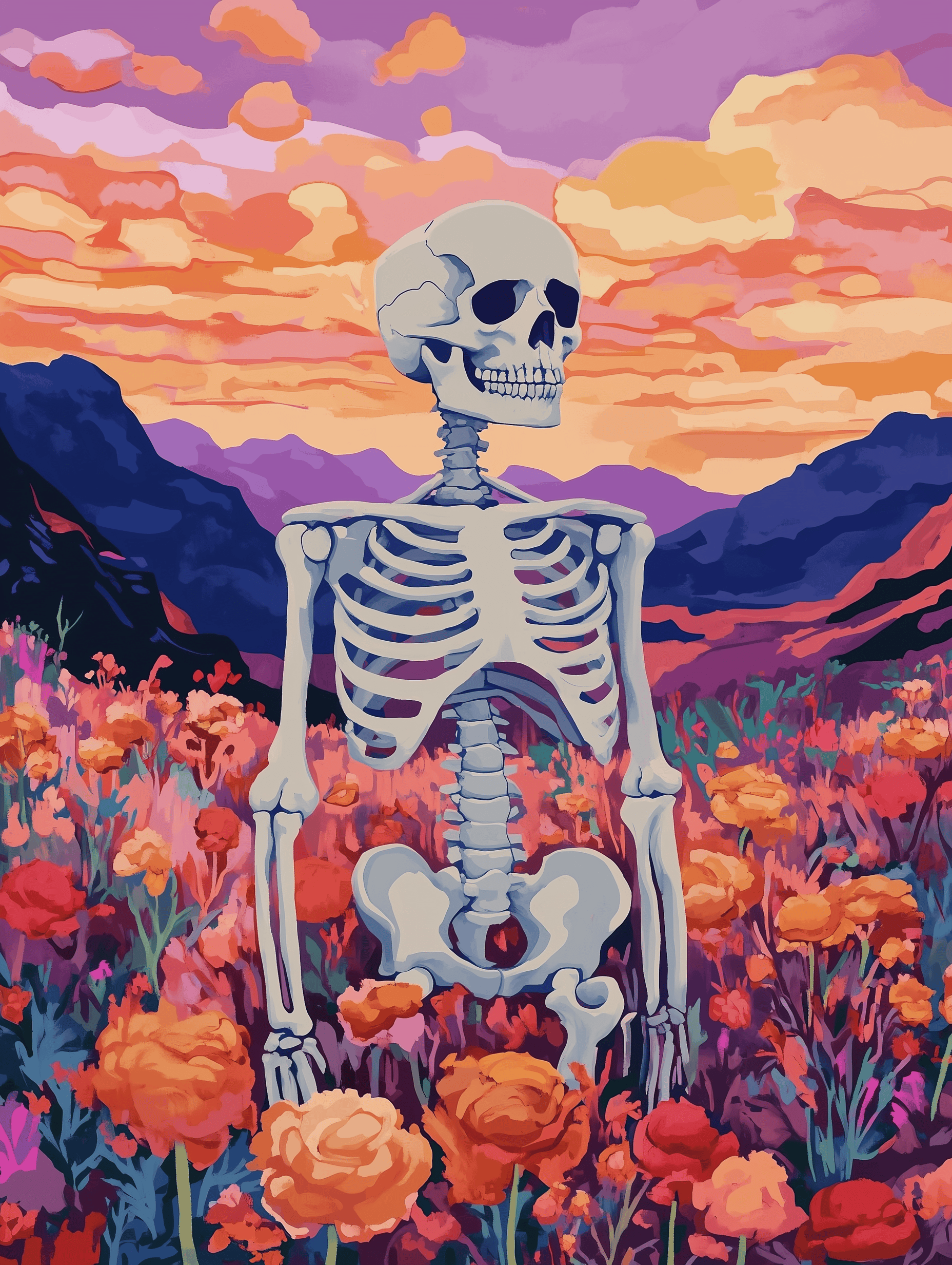 A paint by numbers kit image featuring a skeleton in a field of flowers with a sunset in the background.