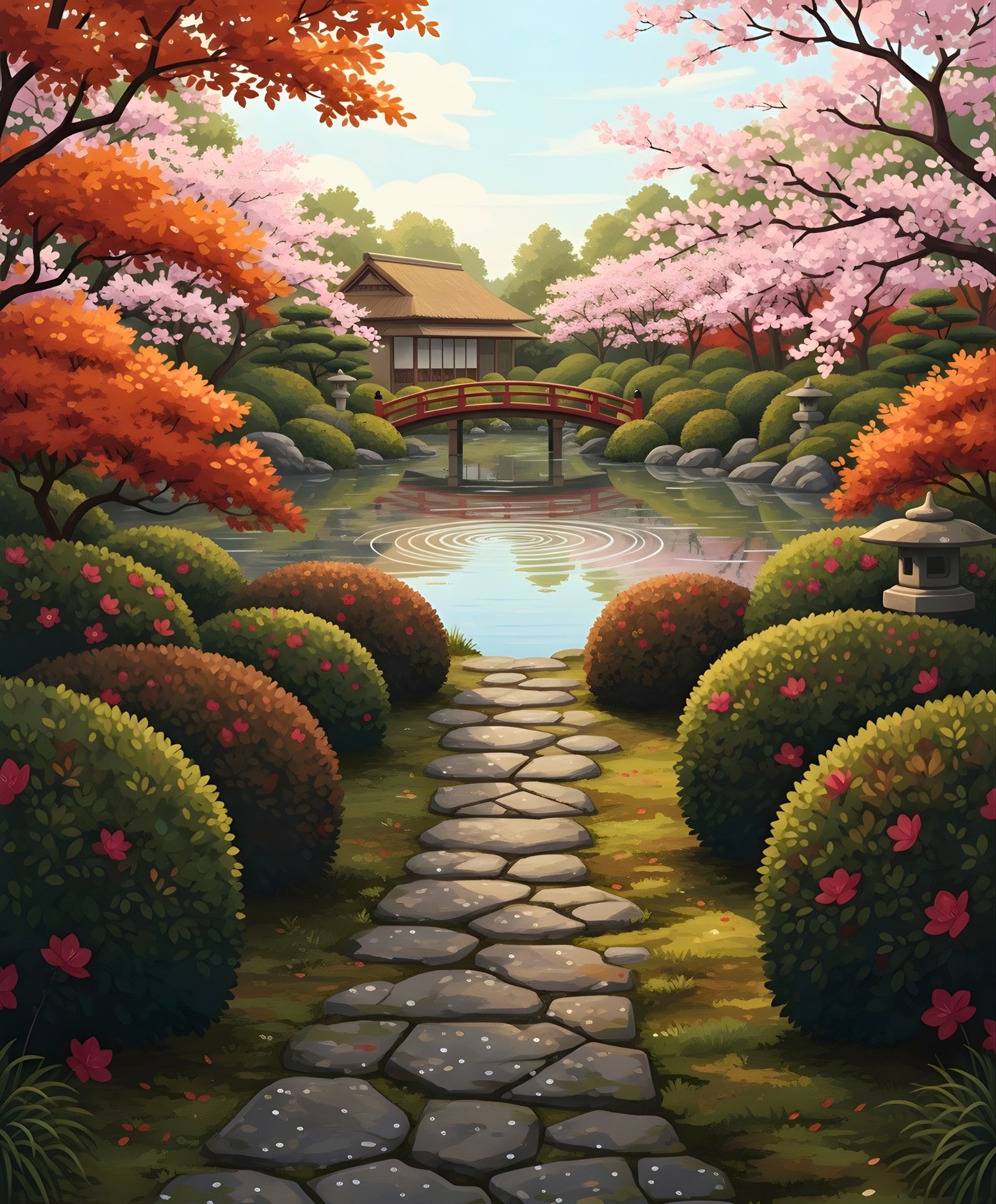 Japanese garden with stone path, cherry blossom trees, and a bridge.