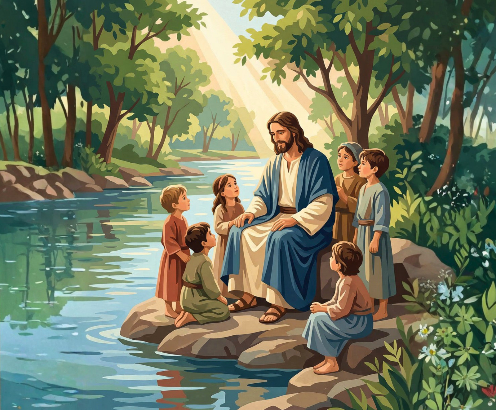 Jesus teaching children beside a peaceful forest river artwork for the Sacred River Teaching paint by numbers kit