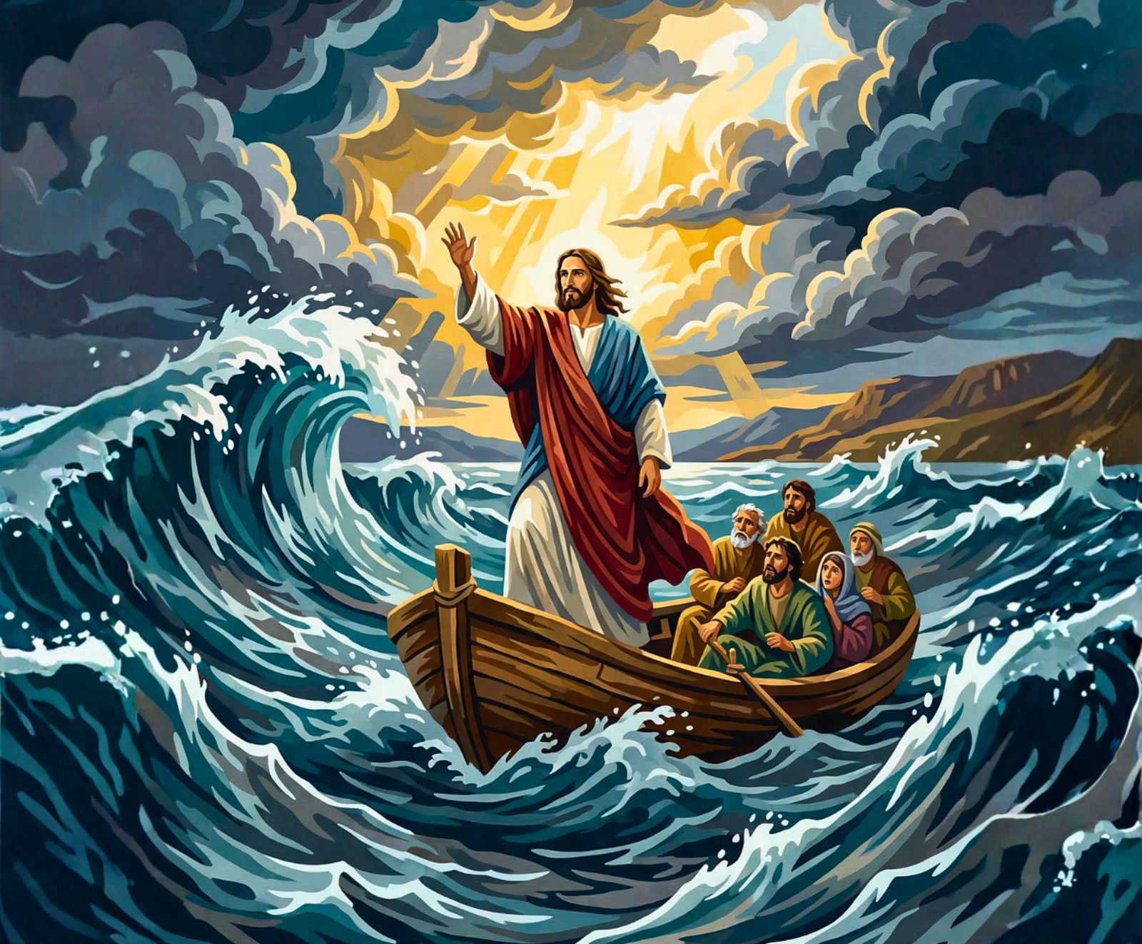 Jesus calming towering waves from a boat with his disciples artwork for the Storm Calmed paint by numbers kit