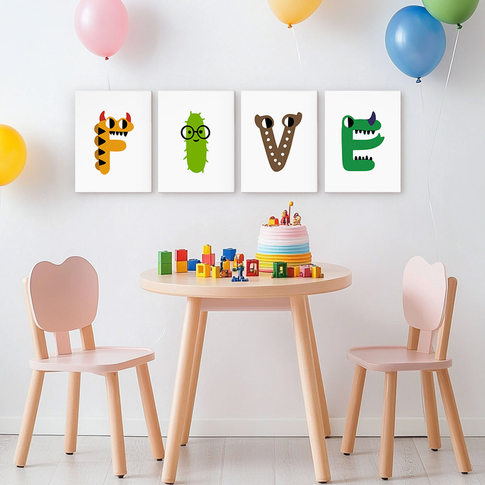 Children's table and chairs with colorful balloons and wall art in a room.