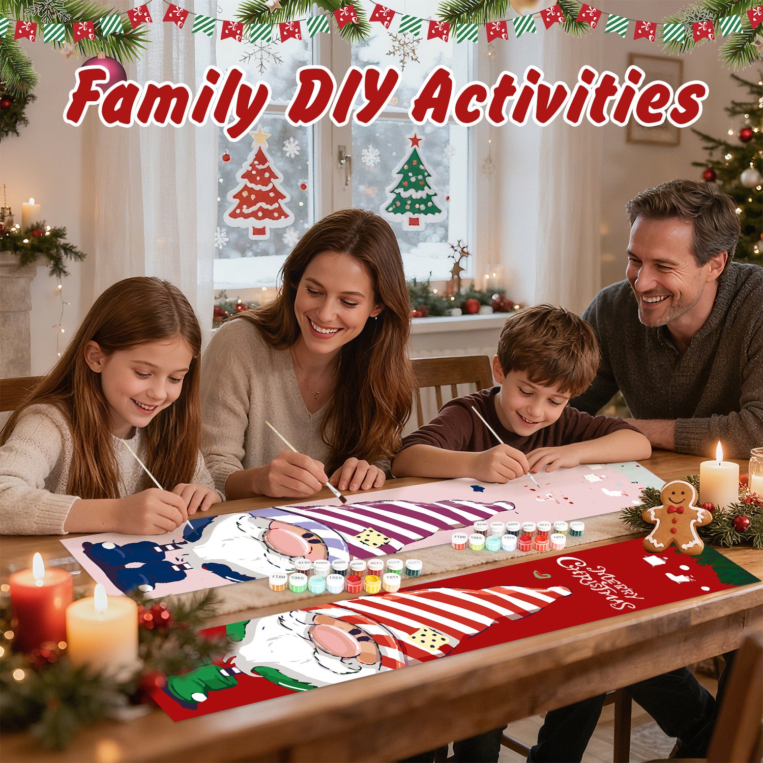 Familia dedicada a una actividad de bricolaje en una mesa con adornos navideños.