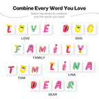 Colorful letter tiles with various characters on a white background