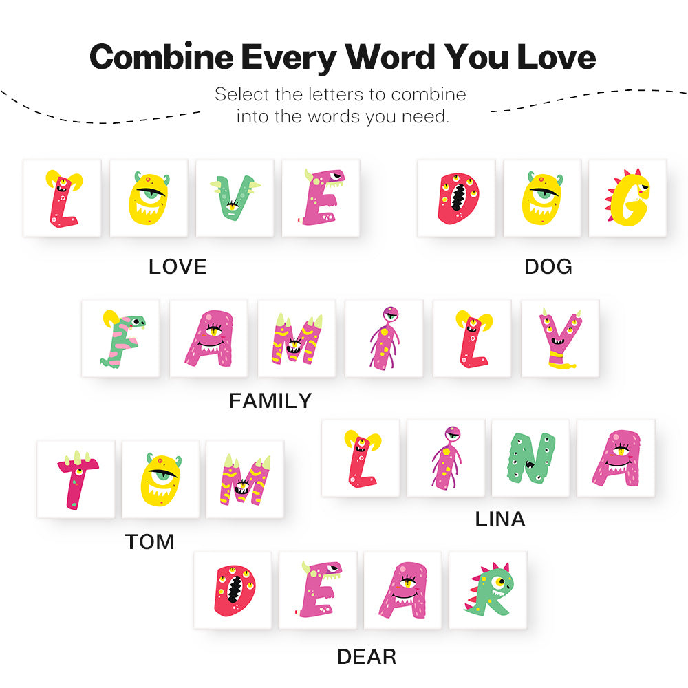 Colorful letter tiles with various characters on a white background