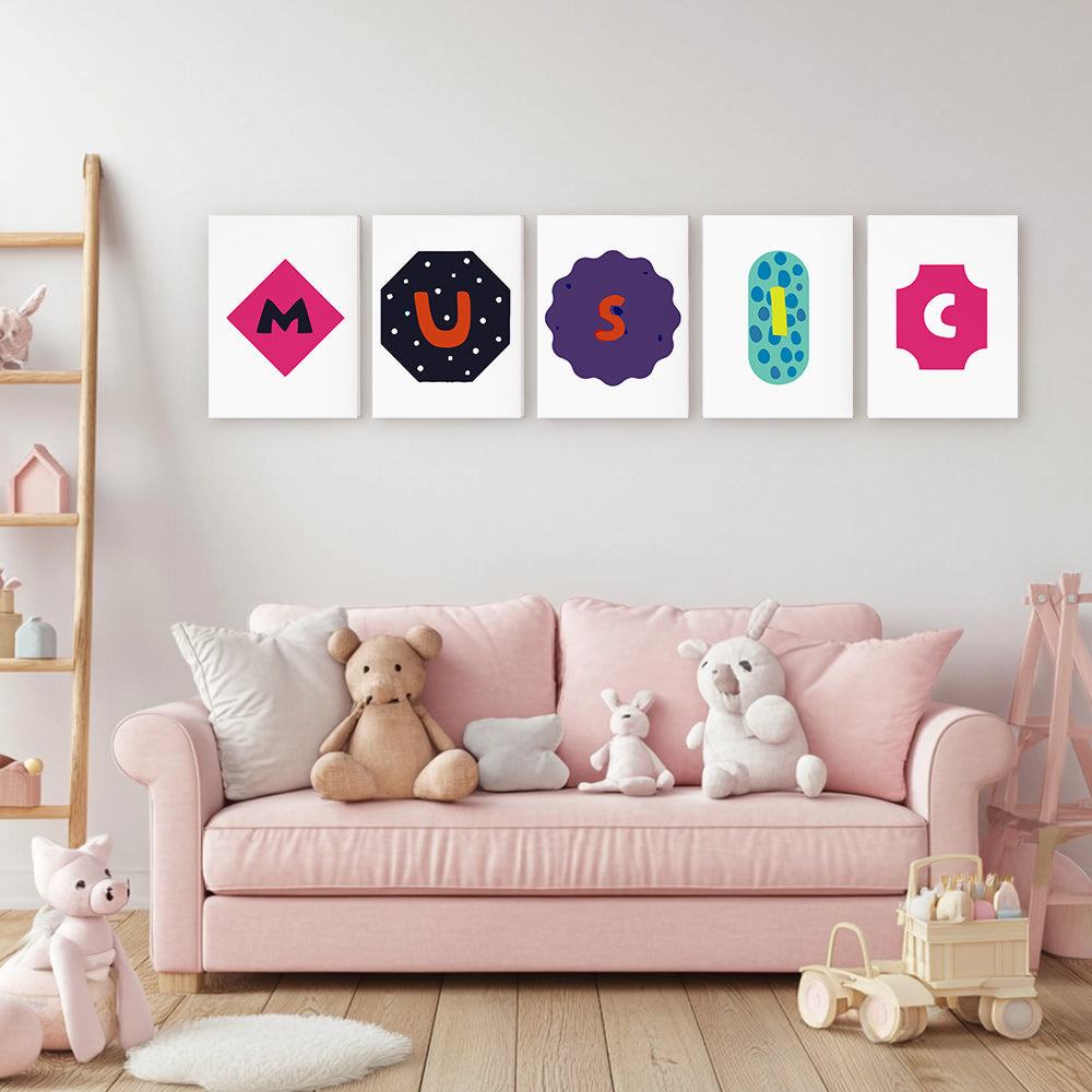 Children's room with pink sofa, toys, and decorative wall art spelling 'MUSIC'.