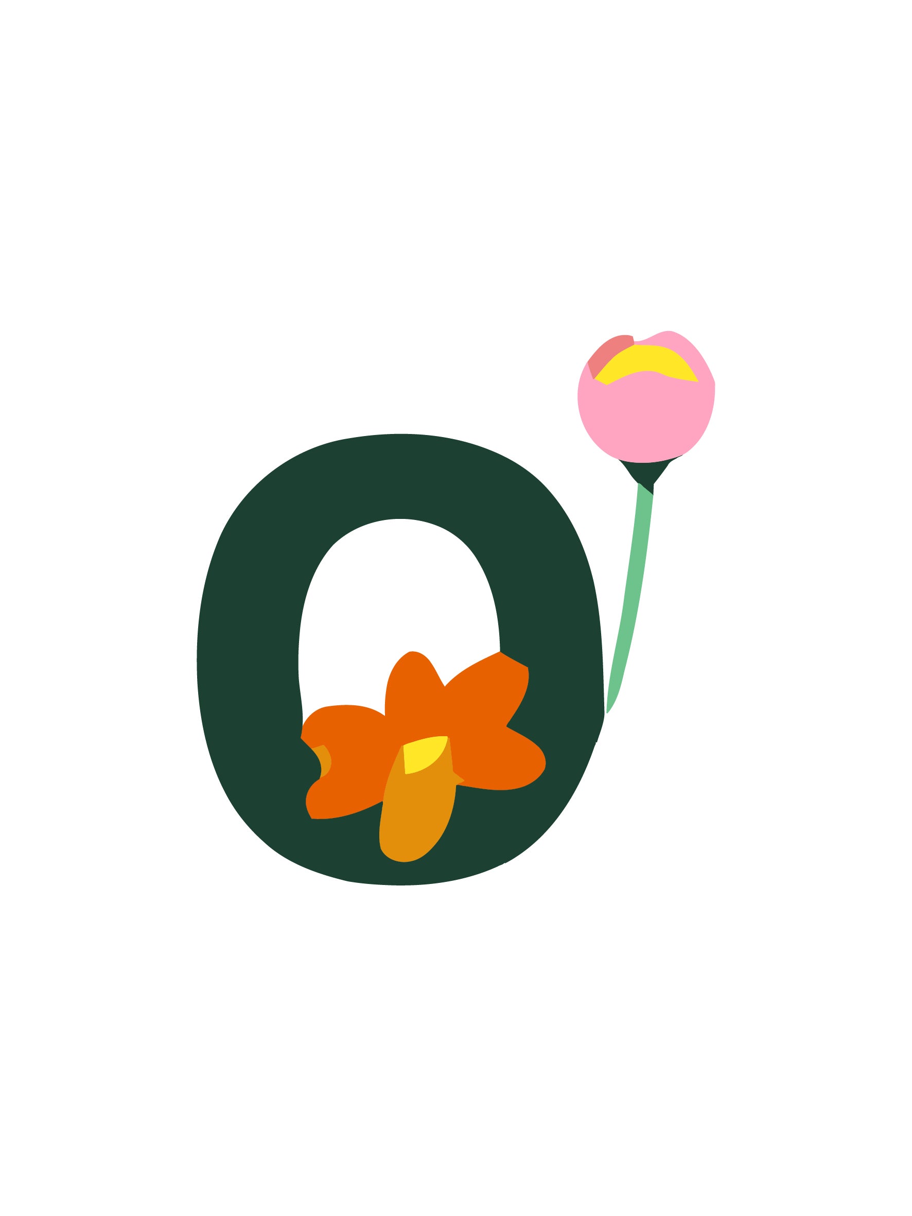 Letter 'O' with a pink flower and orange character on a white background