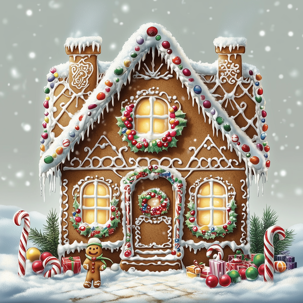 A paint by numbers kit depicting a gingerbread house decorated with icing, candy canes, and a wreath, set against a snowy backdrop.