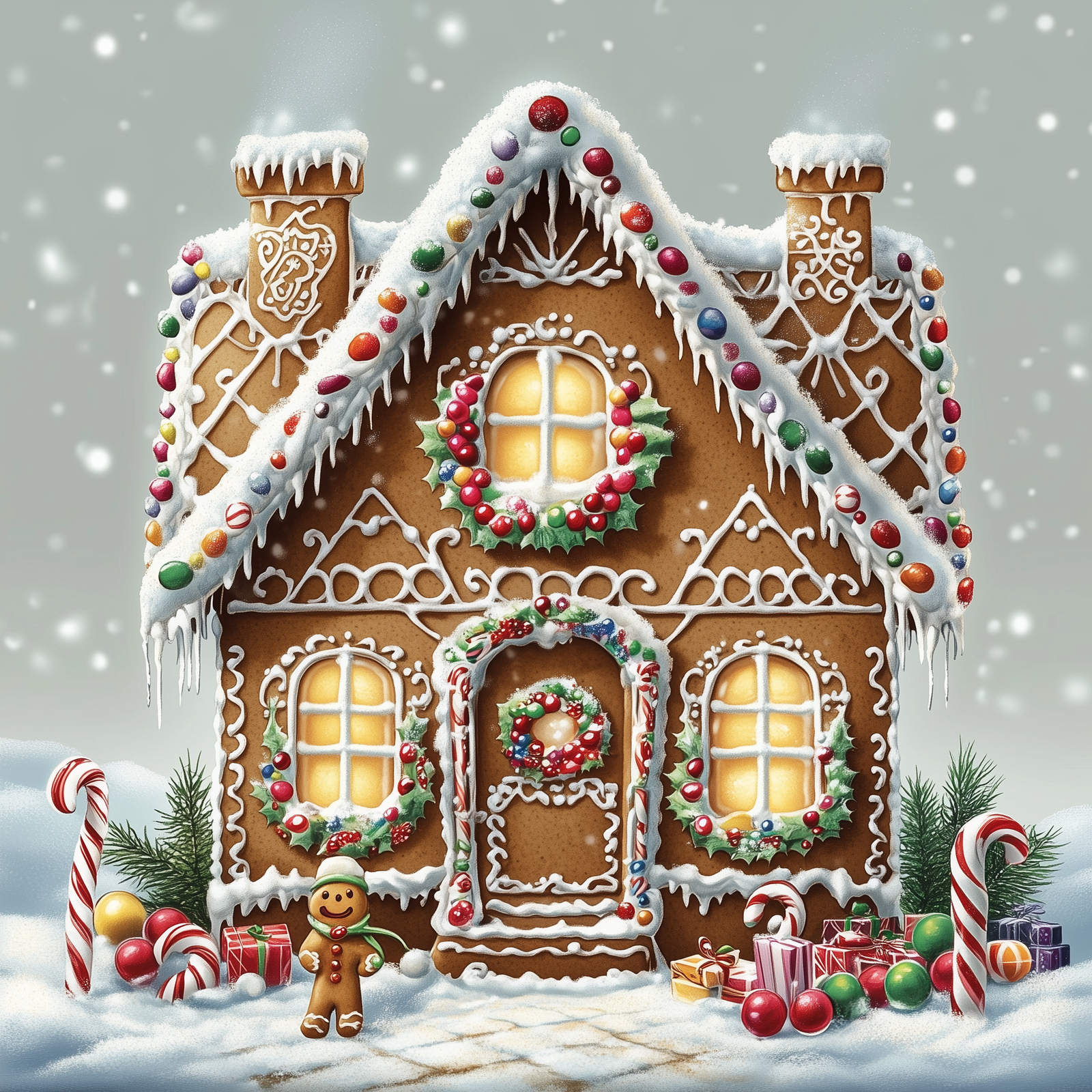 Ein Malen-nach-Zahlen-Set, das ein mit Zuckerguss, Zuckerstangen und einem Kranz verziertes Lebkuchenhaus vor einem verschneiten Hintergrund zeigt.