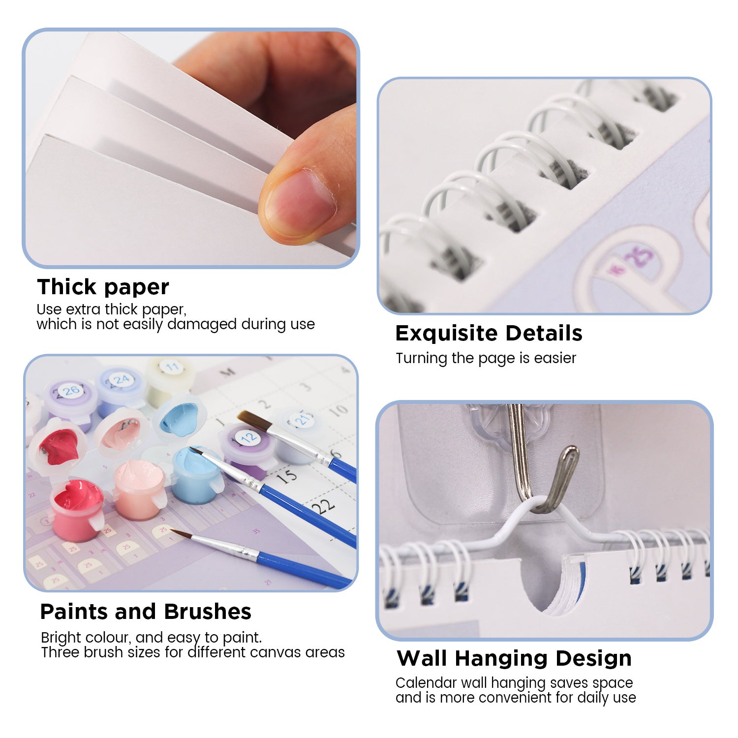 Product features including thick paper, exquisite details, paints and brushes, and wall hanging design.