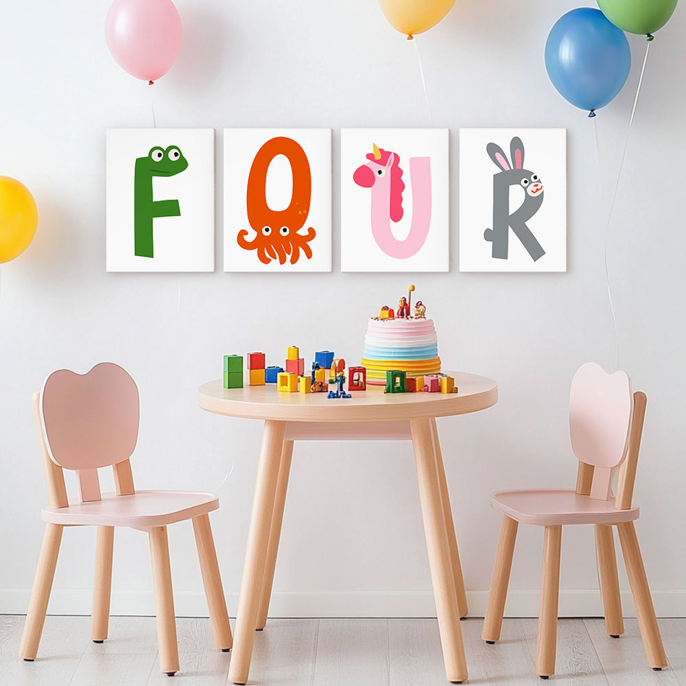 Children's table and chairs with a birthday cake and balloons in a room with colorful letters on the wall.