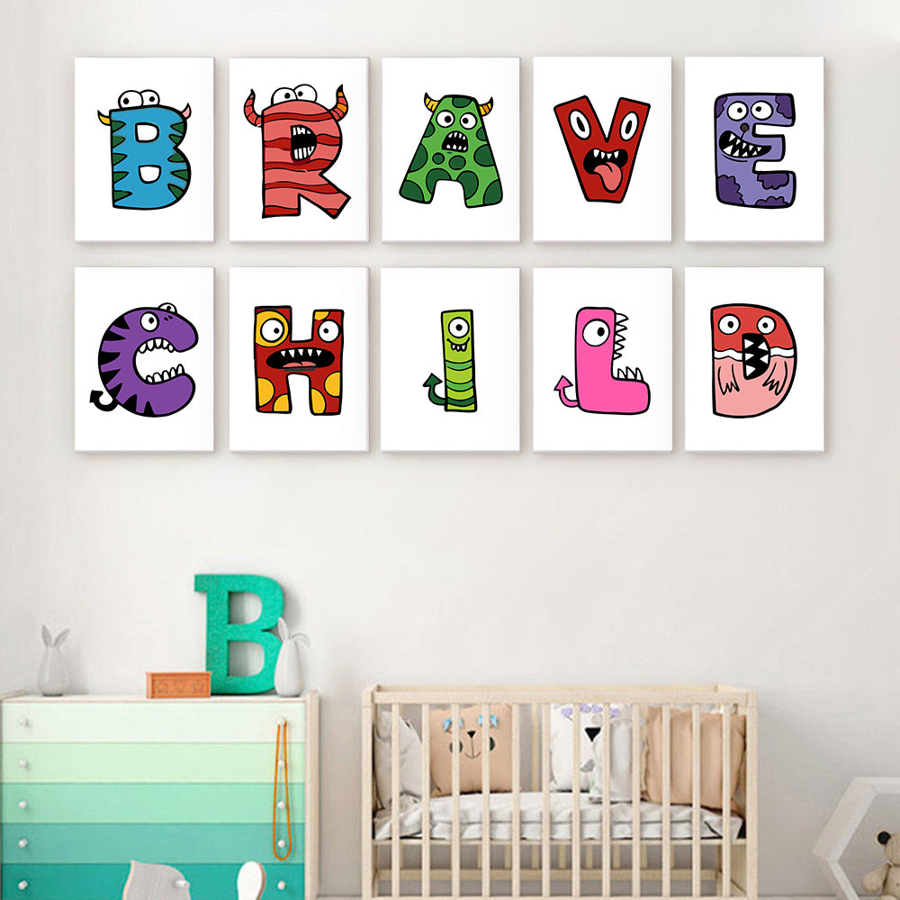 Colorful monster-themed letters on a wall above a crib in a nursery.