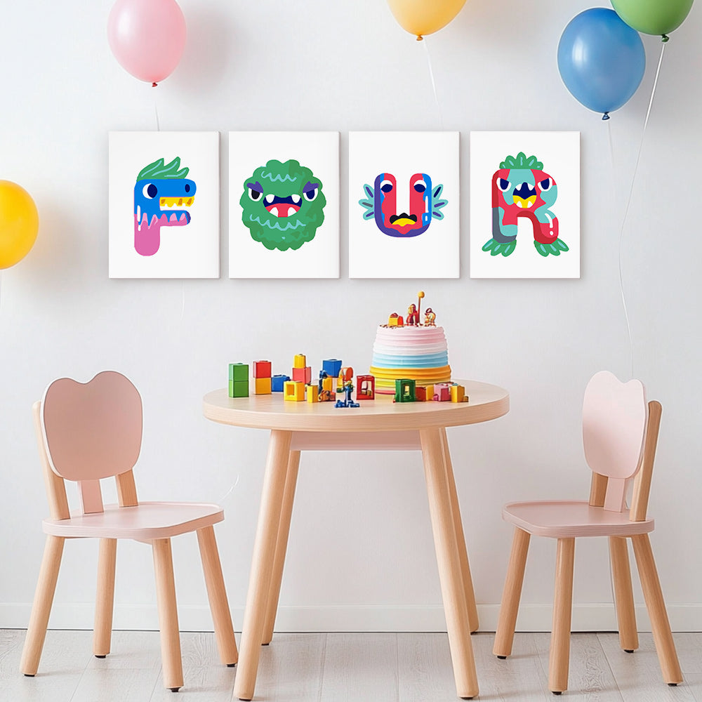 Children's table and chairs with colorful decorations and balloons in a room.