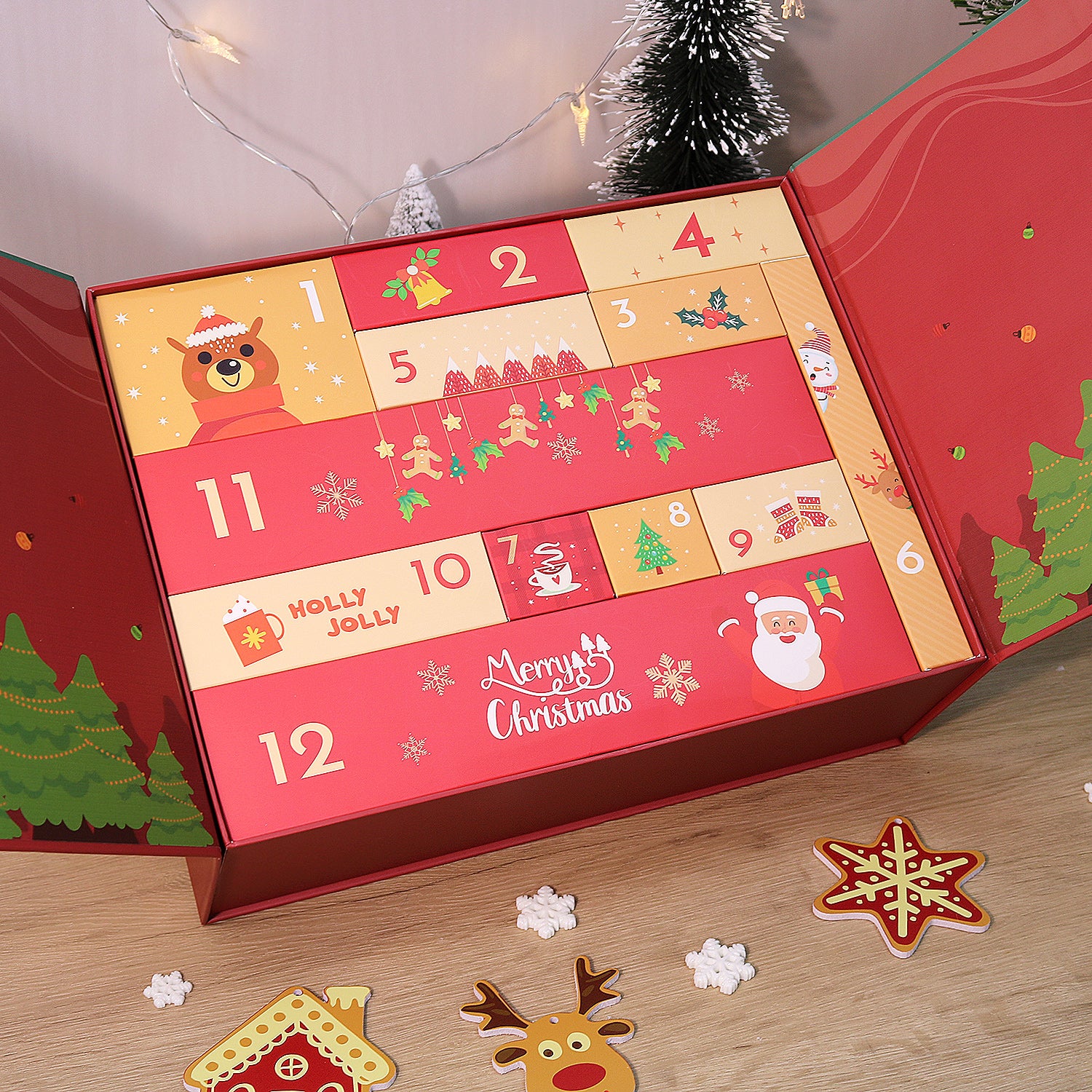 Advent calendar with Christmas-themed design on a wooden surface.
