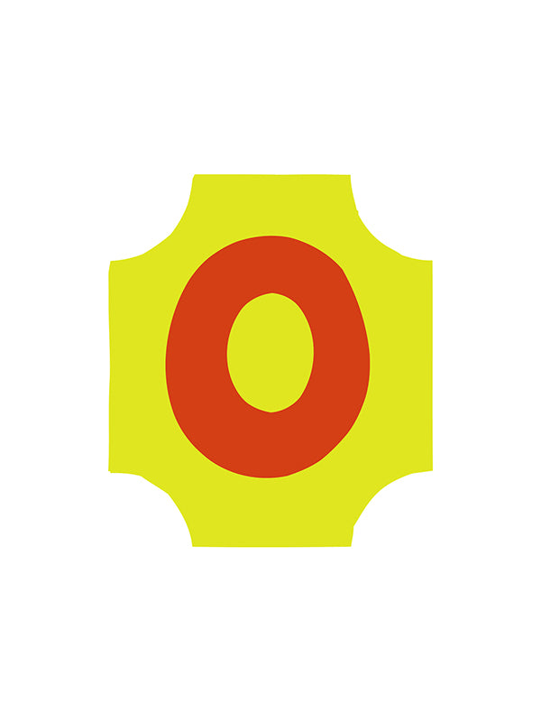 Yellow star-shaped object with a red center on a white background