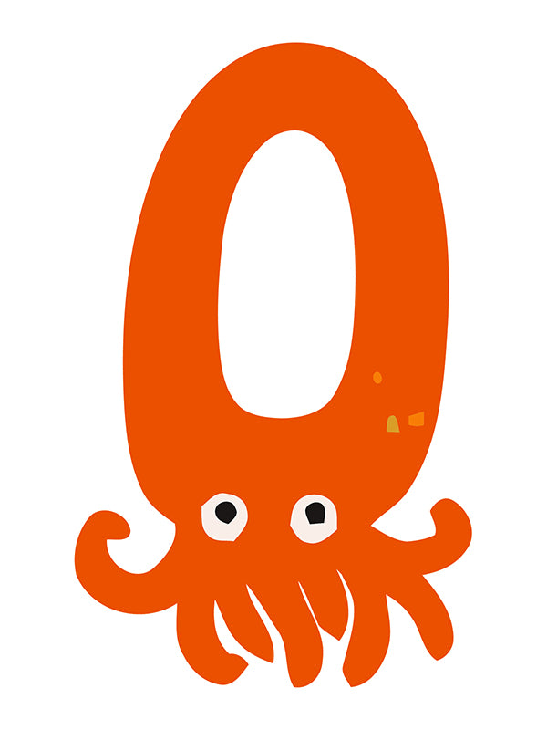 Orange letter 'O' shaped like an octopus on a white background