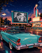 A turquoise convertible at a neon drive-in theater beneath a starry sky.