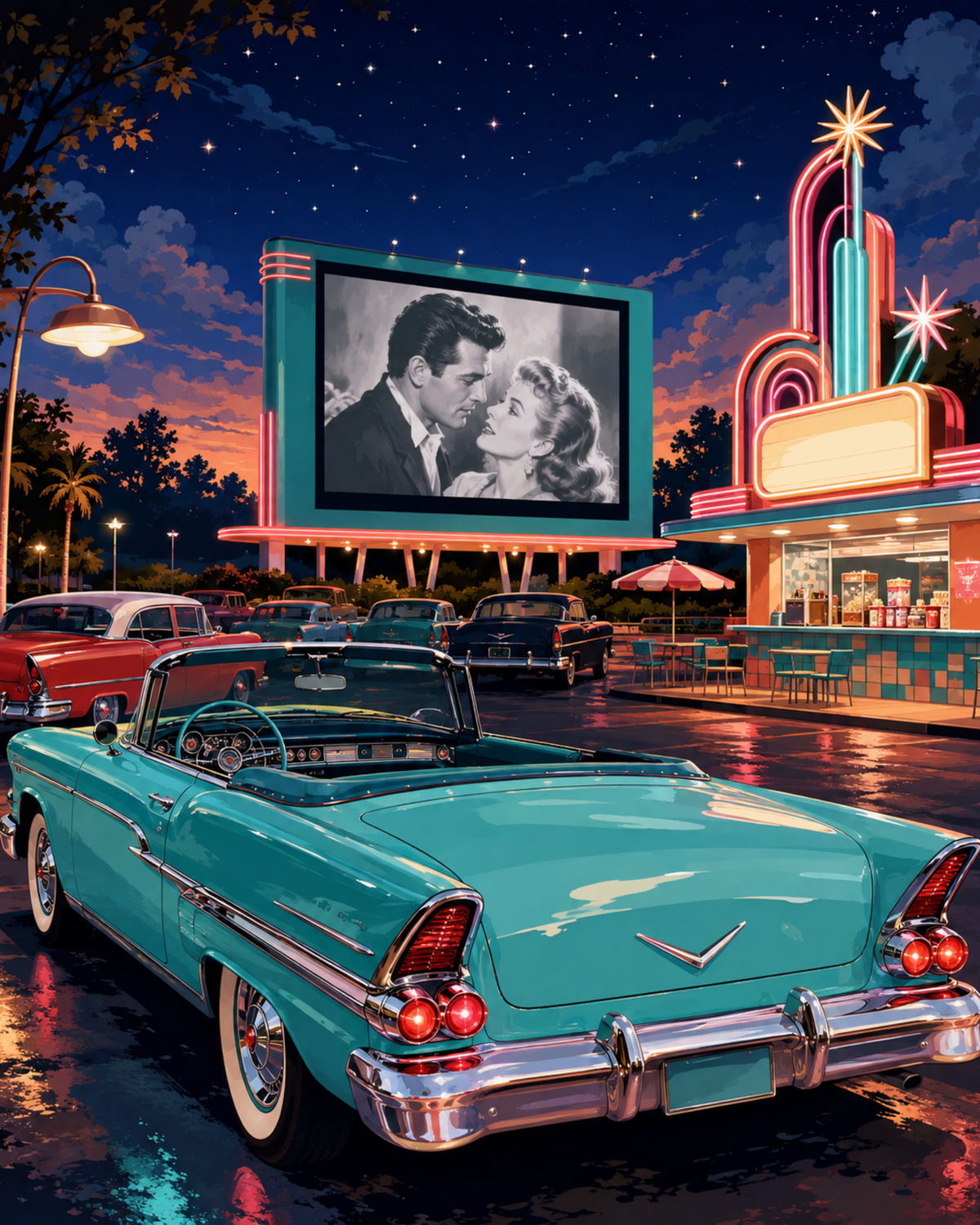 A turquoise convertible at a neon drive-in theater beneath a starry sky.