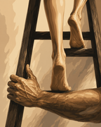 Bare feet on a wooden ladder with a hand gripping its side, painted in warm brown tones.